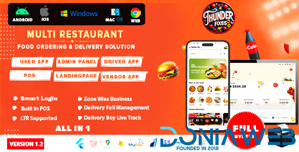 ThunderFood - Multi Restaurant Food Ordering & Delivery Solution (User, Driver, Admin, POS)